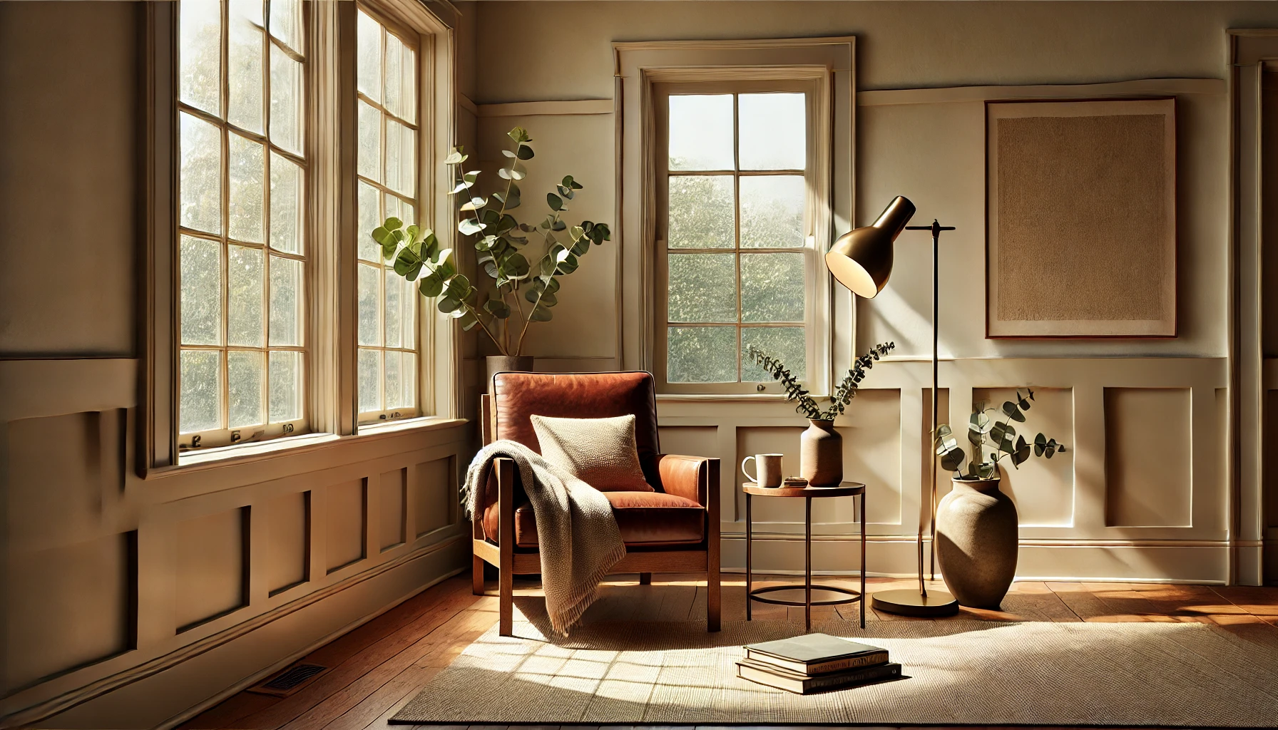 Warm sunlit living room corner with leather chair, eucalyptus, and natural light