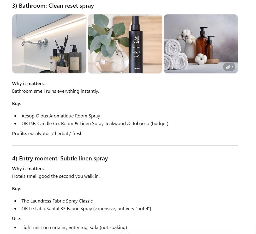 Bathroom smell ruins everything instantly. A clean eucalyptus-herbal spray is the cheapest insurance in the whole system. The linen spray covers the entry.