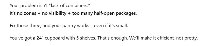 ChatGPT didn't start with products. It diagnosed the actual problem first — three words that reframe every pantry mistake people make.