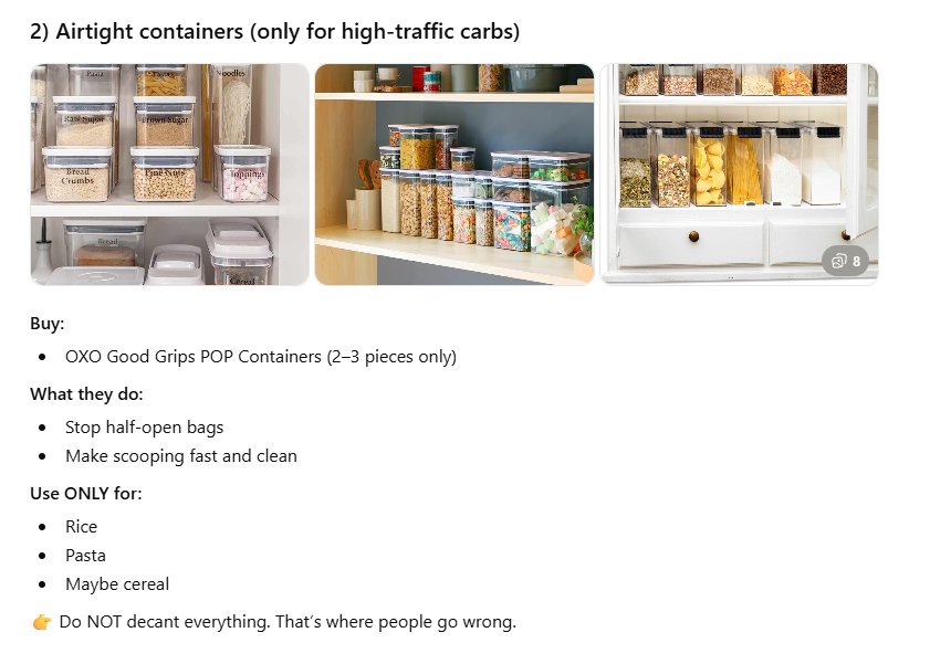 The critical word is 'only.' This is where most people go broke — buying 15 containers for a pantry that needs 3.